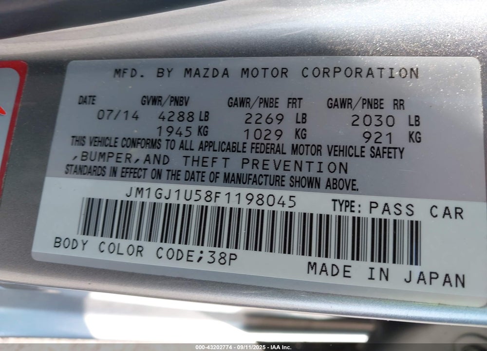 2015 MAZDA 6 I SPORT VIN: JM1GJ1U58F1198045