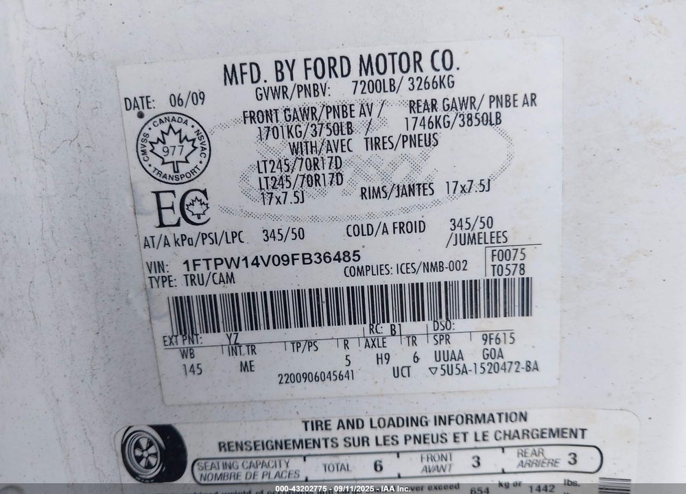 2009 FORD F-150 VIN: 1FTPW14V09FB36485