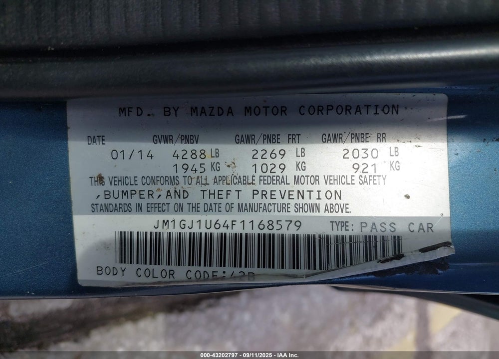 2015 MAZDA 6 VIN: JM1GJ1U64F1168579