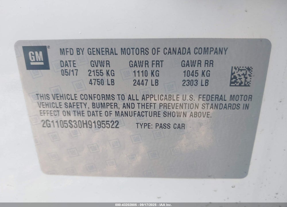 2017 CHEVROLET IMPALA VIN: 2G1105S30H9195522