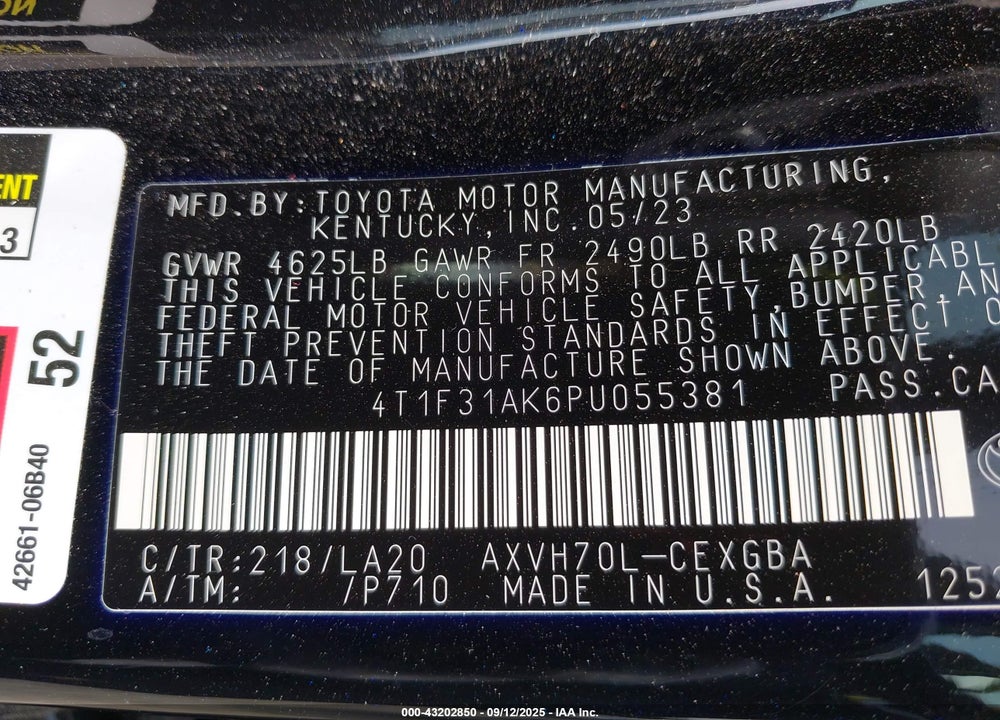 2023 TOYOTA CAMRY VIN: 4T1F31AK6PU055381