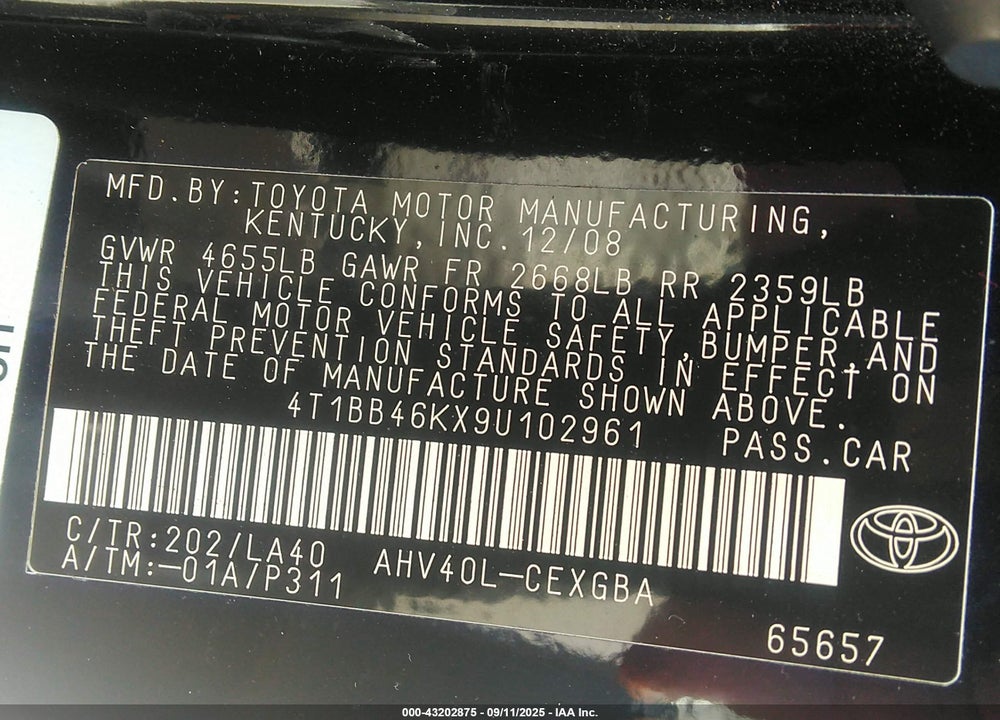 2009 TOYOTA CAMRY HYBRID VIN: 4T1BB46KX9U102961