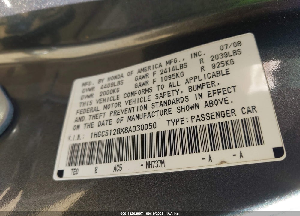 2008 HONDA ACCORD 2.4 EX-L VIN: 1HGCS128X8A030050