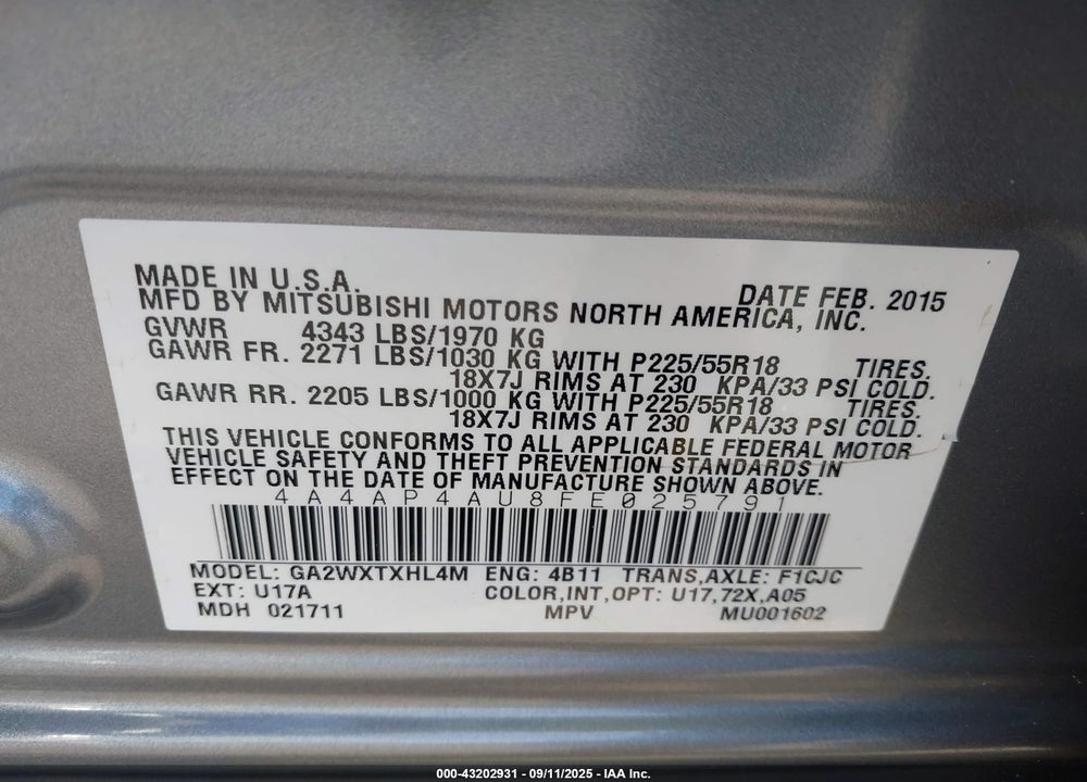 2015 MITSUBISHI OUTLANDER SPORT VIN: 4A4AP4AU8FE025791