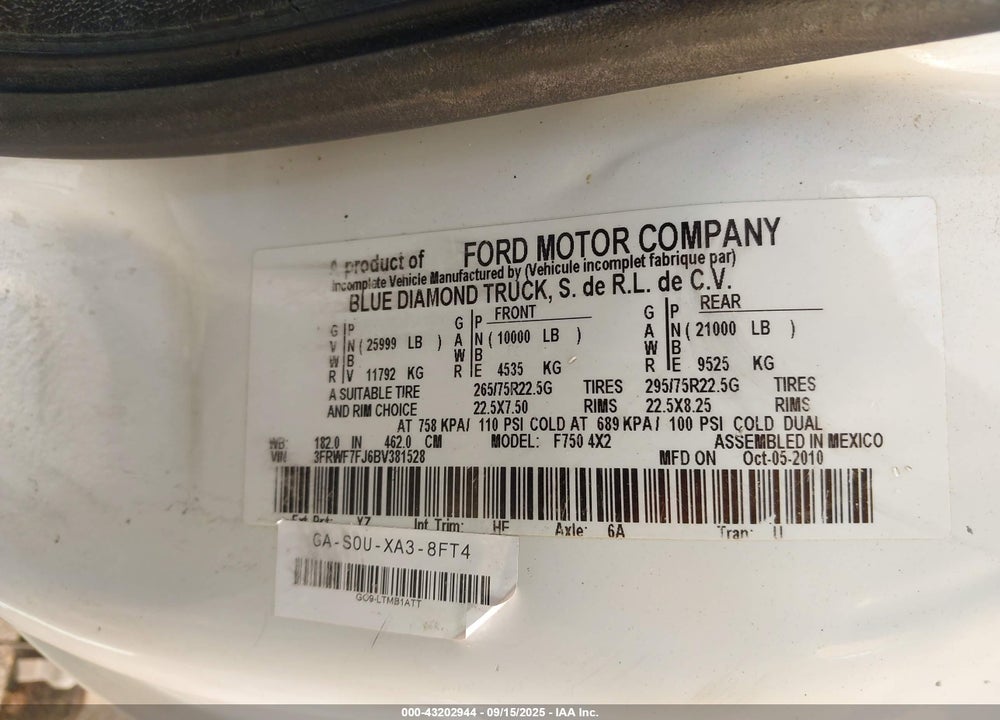 2011 FORD F-750 XL/XLT VIN: 3FRWF7FJ6BV381528