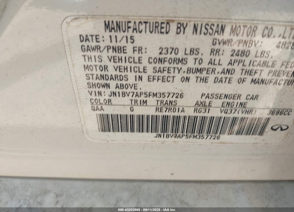 2015 INFINITI Q50 PREMIUM VIN: JN1BV7AP5FM357726