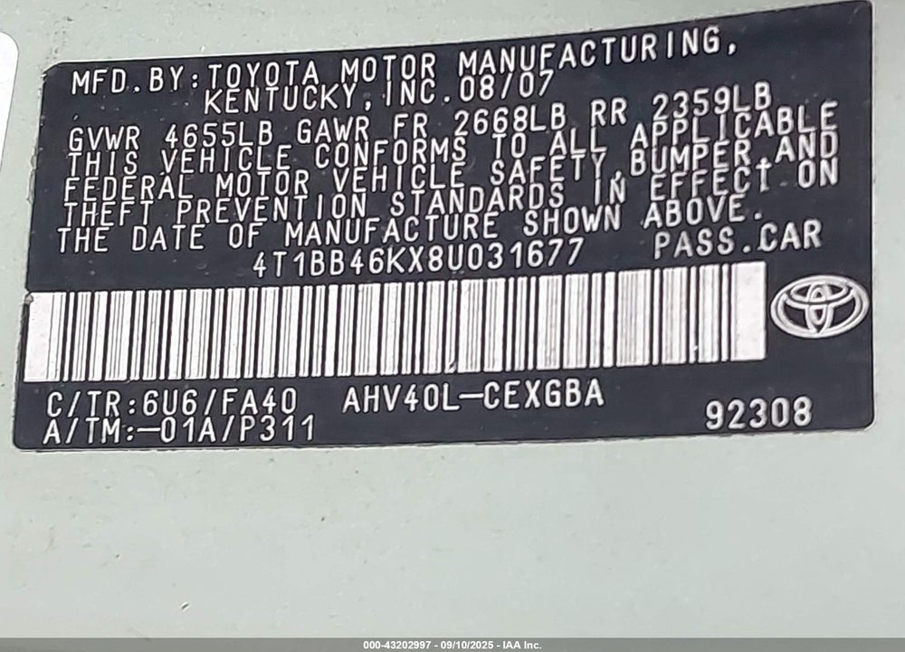 2008 TOYOTA CAMRY HYBRID VIN: 4T1BB46KX8U031677