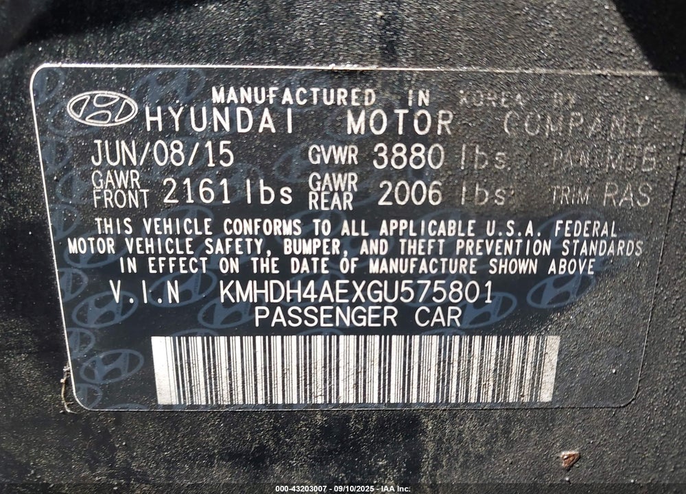 2016 HYUNDAI ELANTRA VIN: KMHDH4AEXGU575801