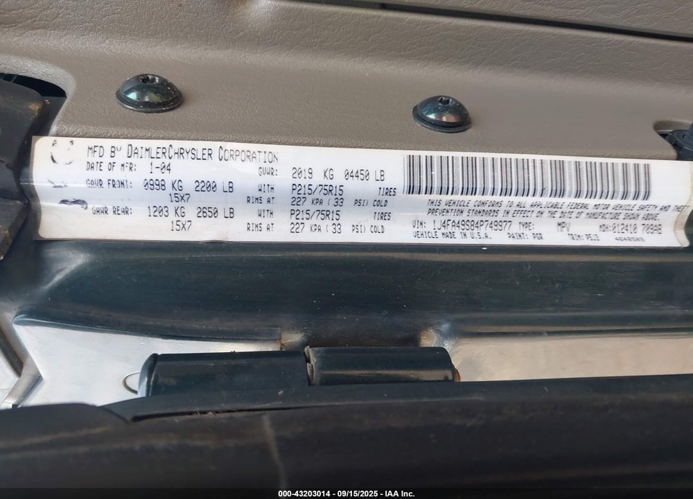 2004 JEEP WRANGLER SPORT VIN: 1J4FA49S84P749977