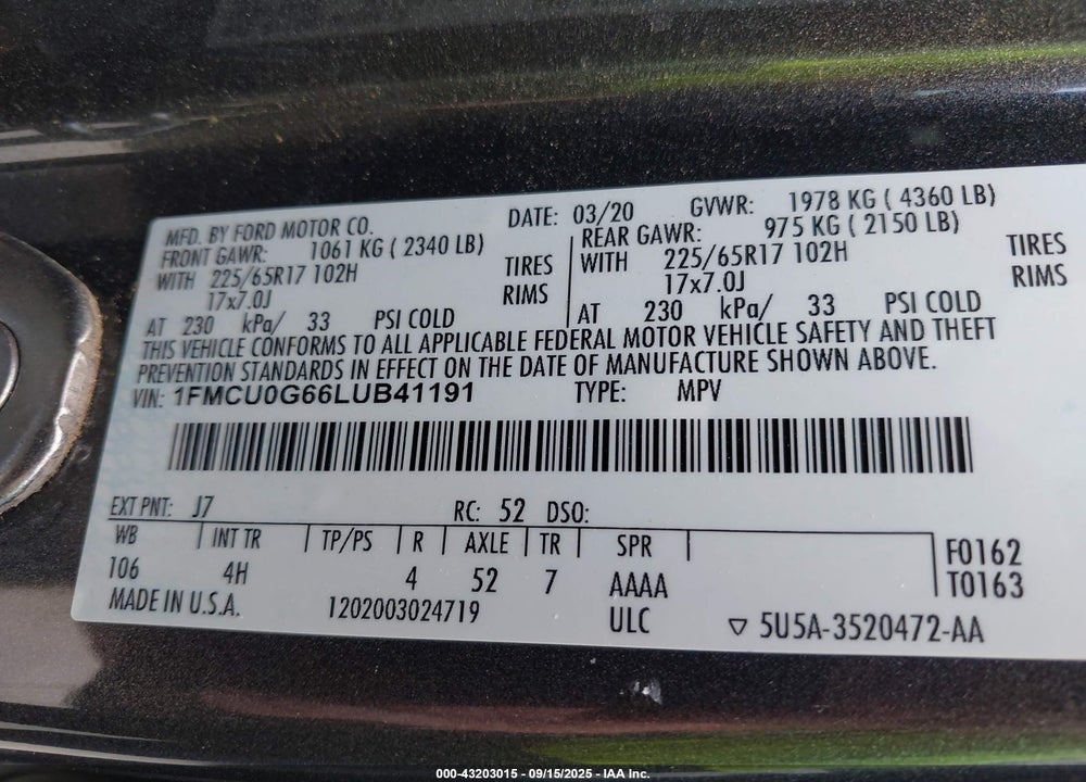 2020 FORD ESCAPE VIN: 1FMCU0G66LUB41191