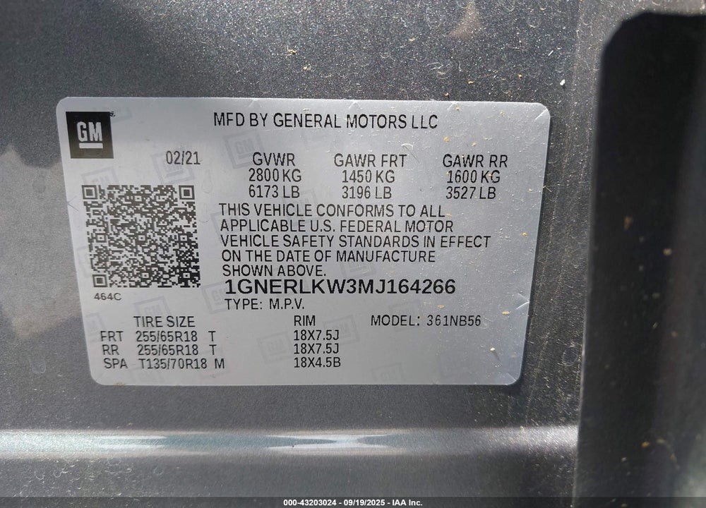 2021 CHEVROLET TRAVERSE FWD 1FL VIN: 1GNERLKW3MJ164266