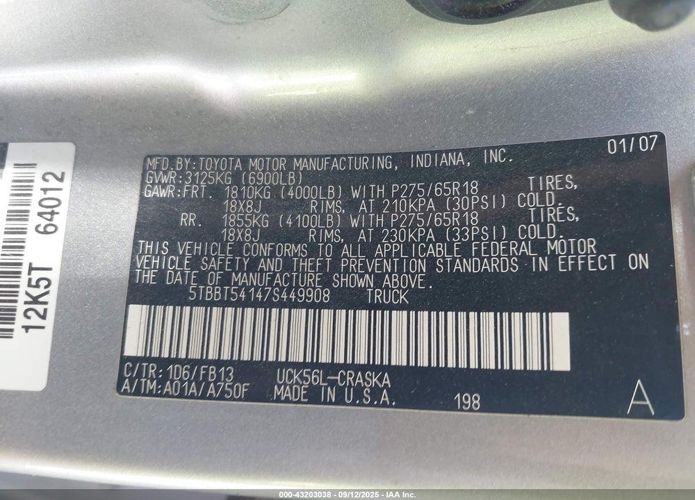 2007 TOYOTA TUNDRA SR5 4.7L V8 VIN: 5TBBT54147S449908