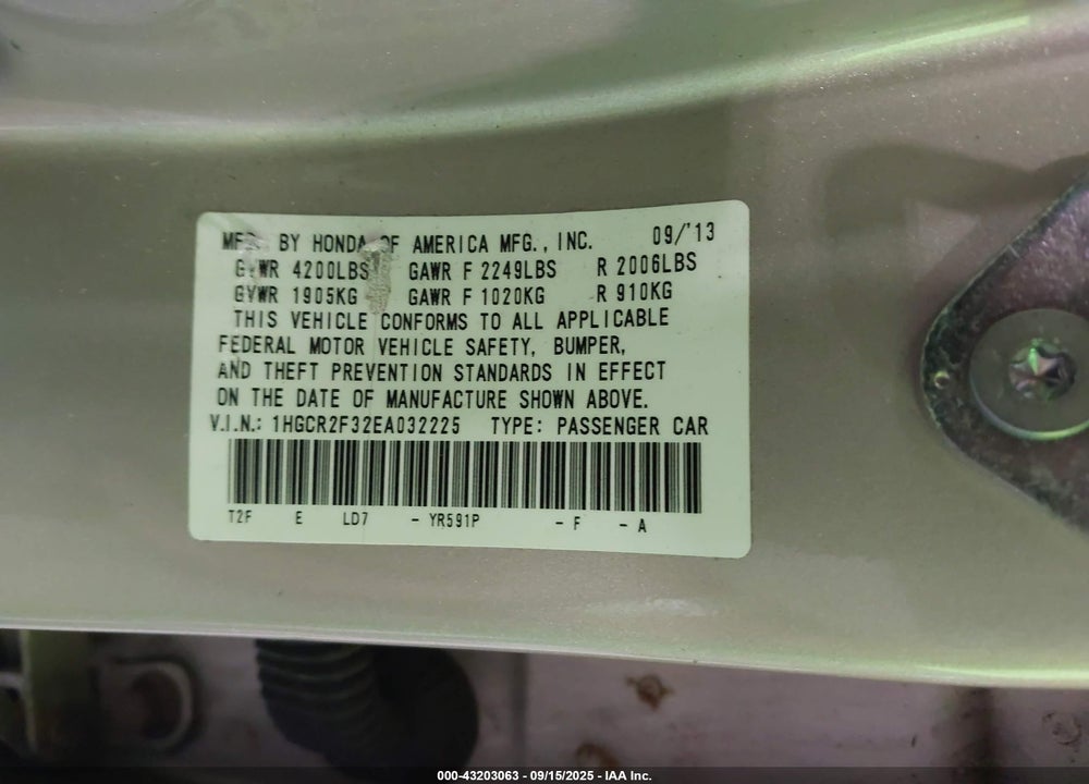 2014 HONDA ACCORD VIN: 1HGCR2F32EA032225