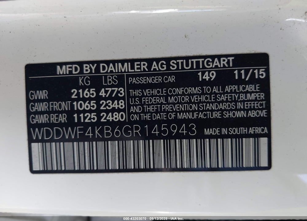 2016 MERCEDES-BENZ C CLASS VIN: WDDWF4KB6GR145943