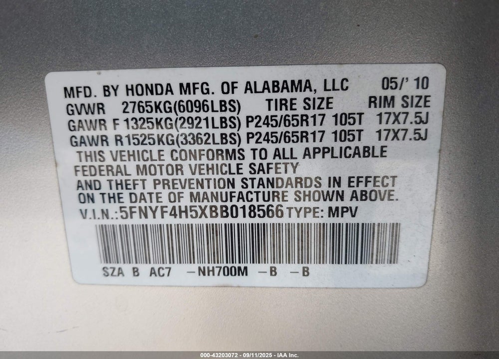 2011 HONDA PILOT VIN: 5FNYF4H5XBB018566