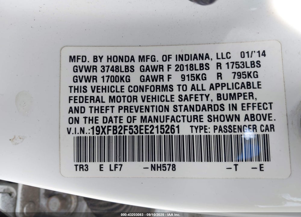 2014 HONDA CIVIC VIN: 19XFB2F53EE215261