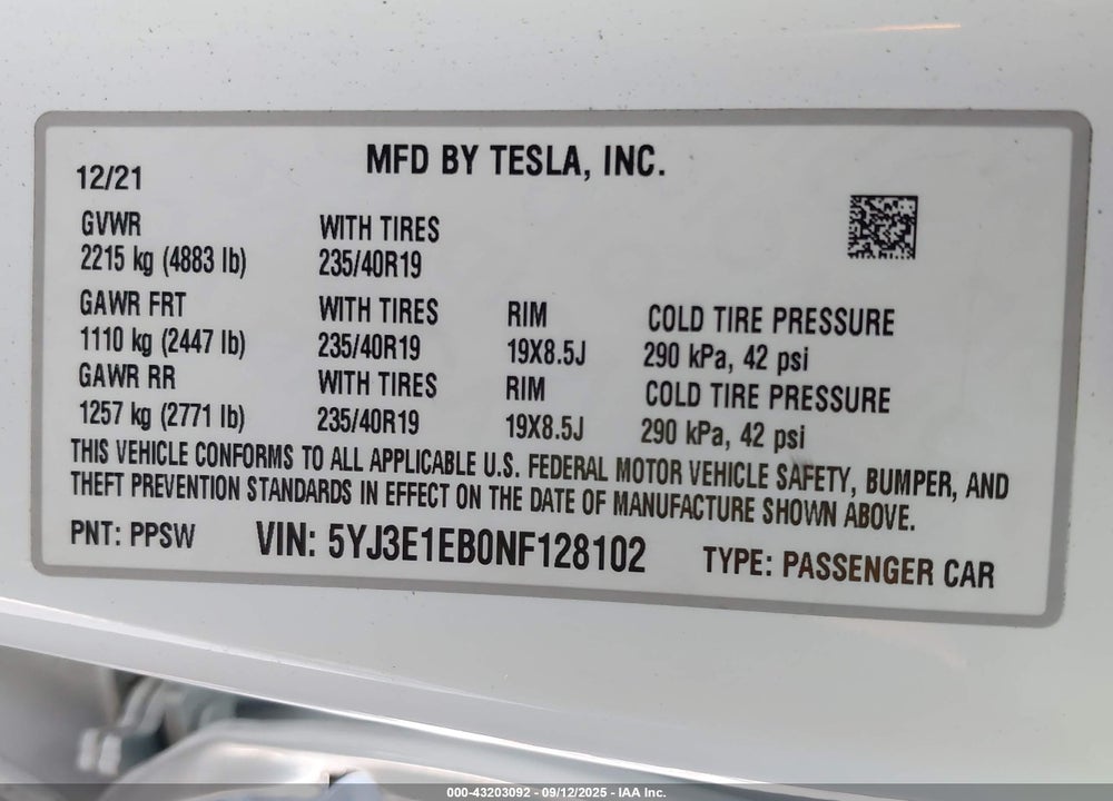 2022 TESLA MODEL 3 VIN: 5YJ3E1EB0NF128102