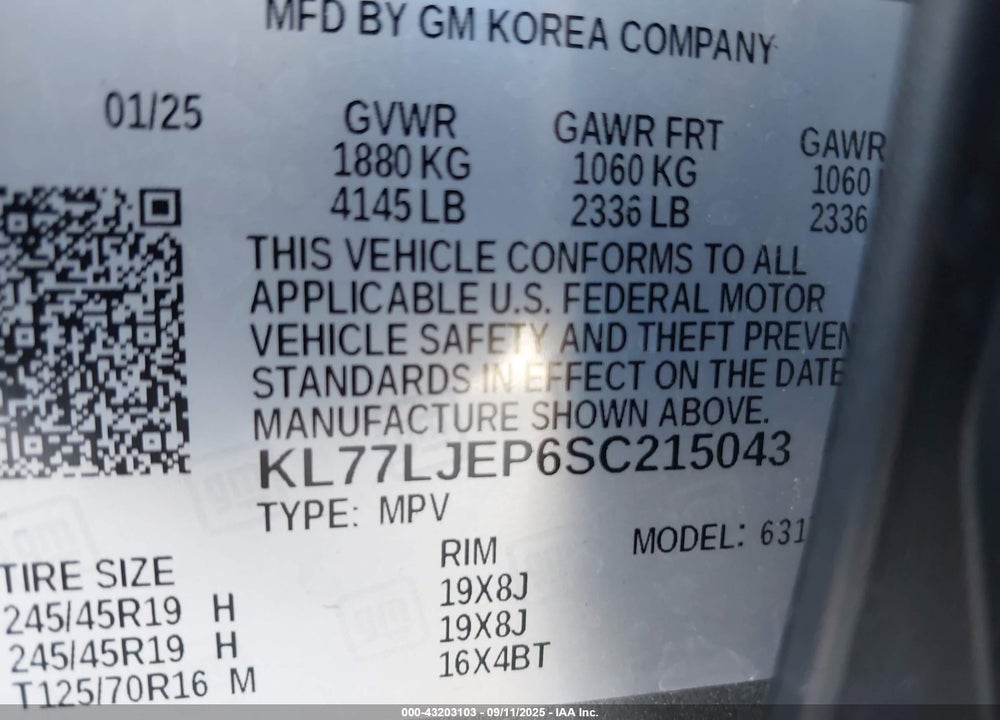 2025 CHEVROLET TRAX FWD 2RS VIN: KL77LJEP6SC215043