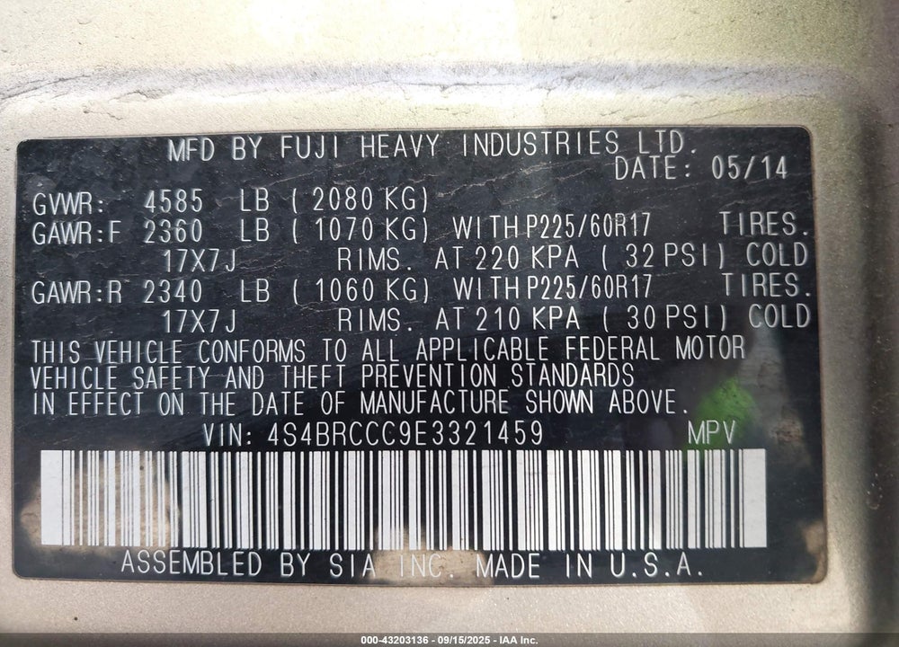 2014 SUBARU OUTBACK VIN: 4S4BRCCC9E3321459