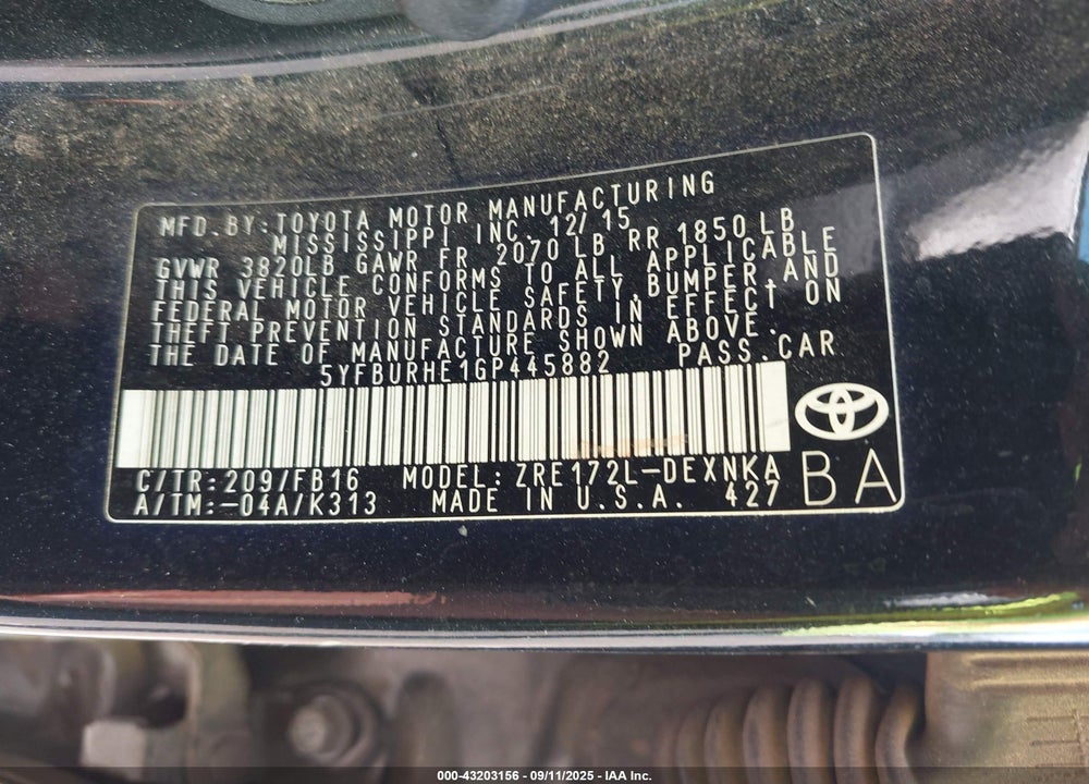 2016 TOYOTA COROLLA VIN: 5YFBURHE1GP445882