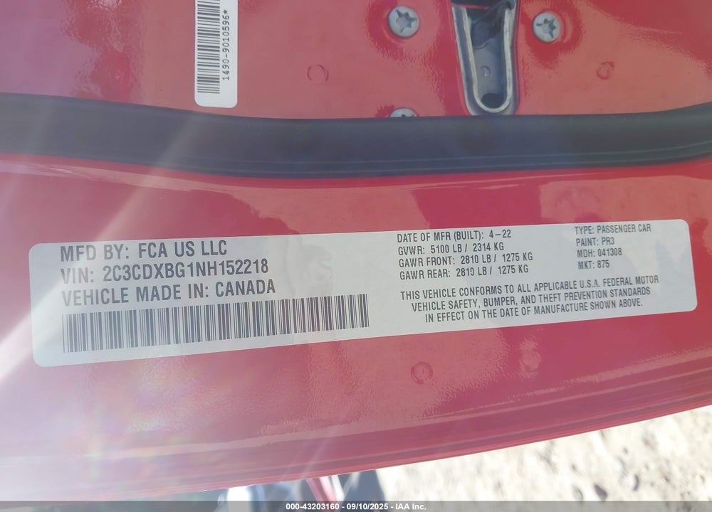 2022 DODGE CHARGER SXT RWD VIN: 2C3CDXBG1NH152218