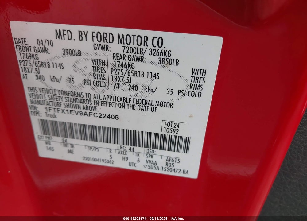 2010 FORD F-150 VIN: 1FTFX1EV9AFC22406