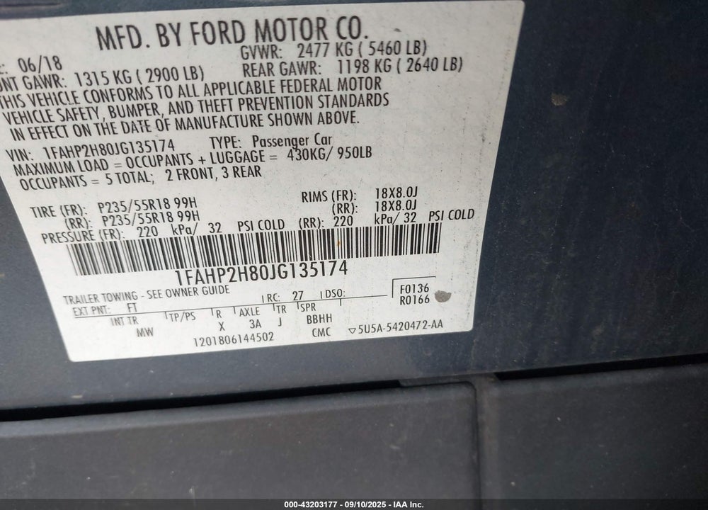 2018 FORD TAURUS VIN: 1FAHP2H80JG135174