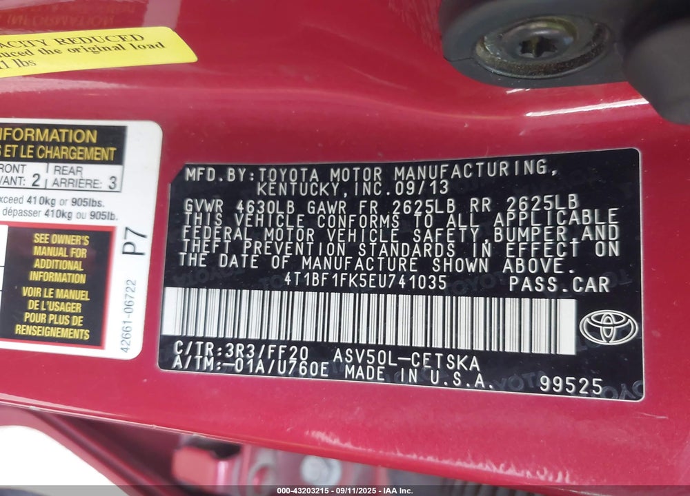 2014 TOYOTA CAMRY SE VIN: 4T1BF1FK5EU741035