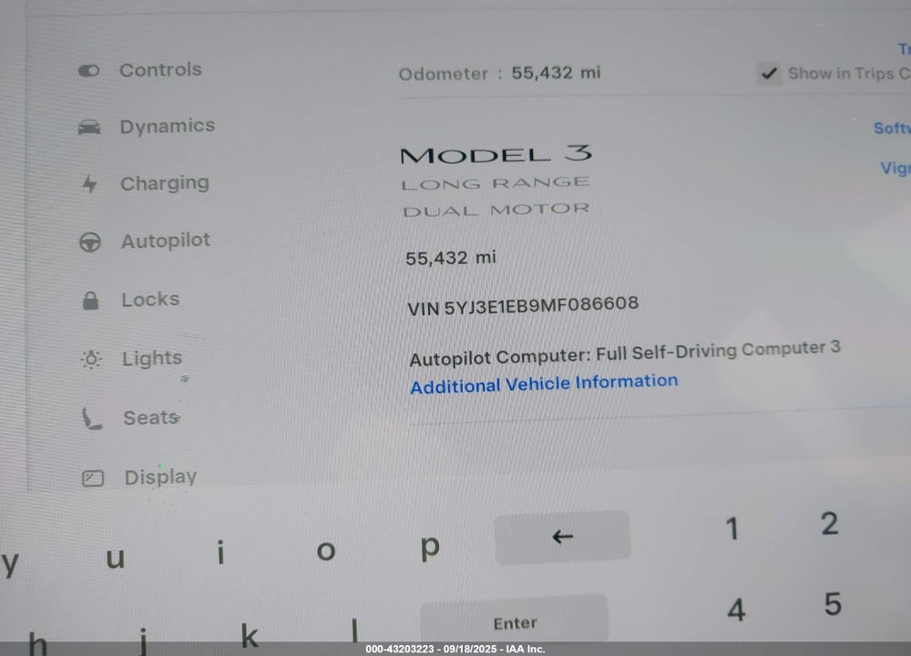 2021 TESLA MODEL 3 VIN: 5YJ3E1EB9MF086608