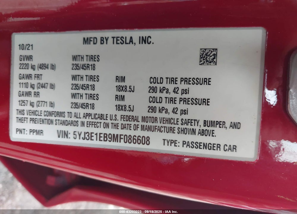 2021 TESLA MODEL 3 VIN: 5YJ3E1EB9MF086608