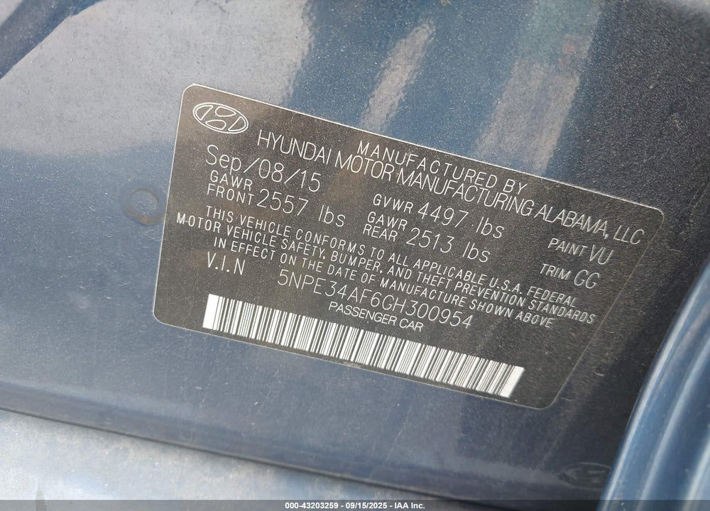 2016 HYUNDAI SONATA VIN: 5NPE34AF6GH300954