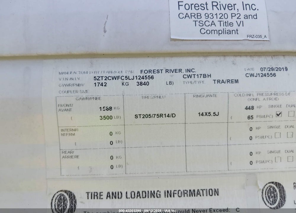 2020 FOREST RIVER CLIPPER VIN: 5ZT2CWFC5LJ124556