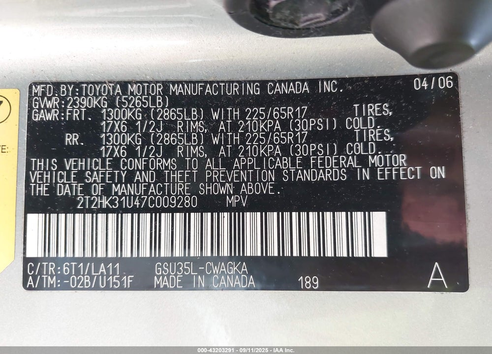 2007 LEXUS RX 350 VIN: 2T2HK31U47C009280