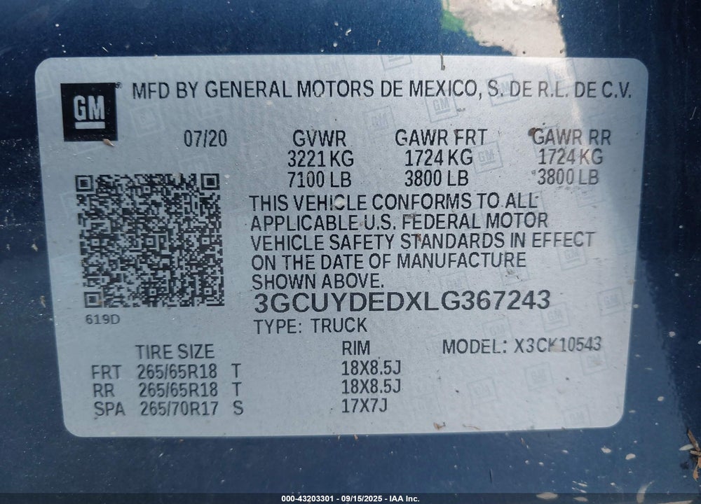 2020 CHEVROLET SILVERADO 1500 VIN: 3GCUYDEDXLG367243