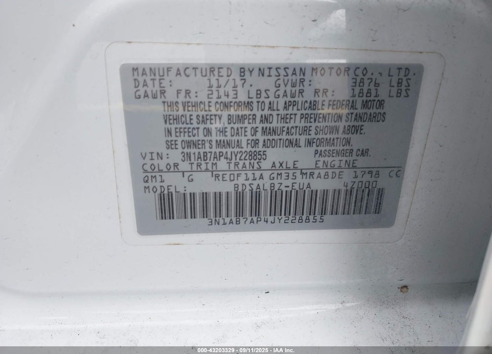 2018 NISSAN SENTRA VIN: 3N1AB7AP4JY228855