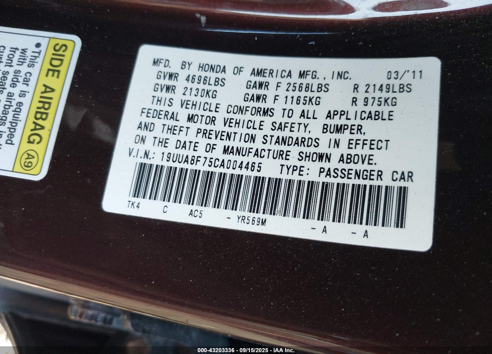 2012 ACURA TL VIN: 19UUA8F75CA004465