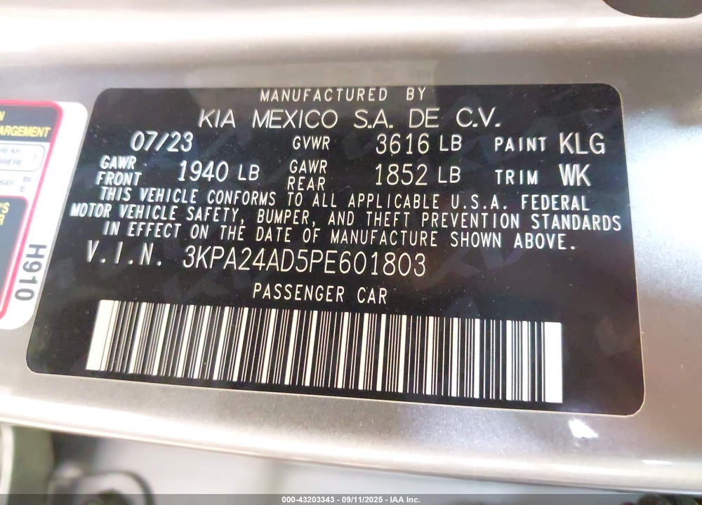 2023 KIA RIO S VIN: 3KPA24AD5PE601803