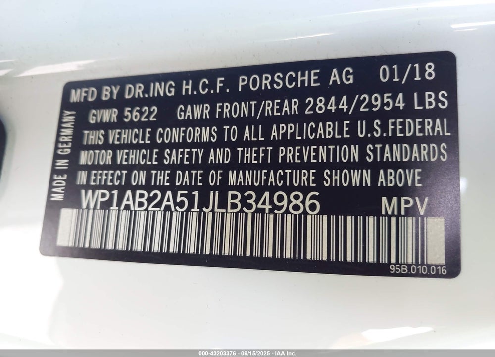 2018 PORSCHE MACAN VIN: WP1AB2A51JLB34986