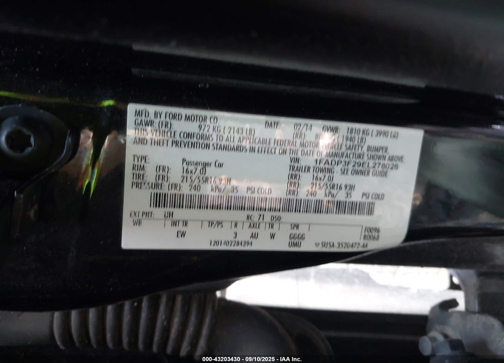 2014 FORD FOCUS VIN: 1FADP3F29EL278026