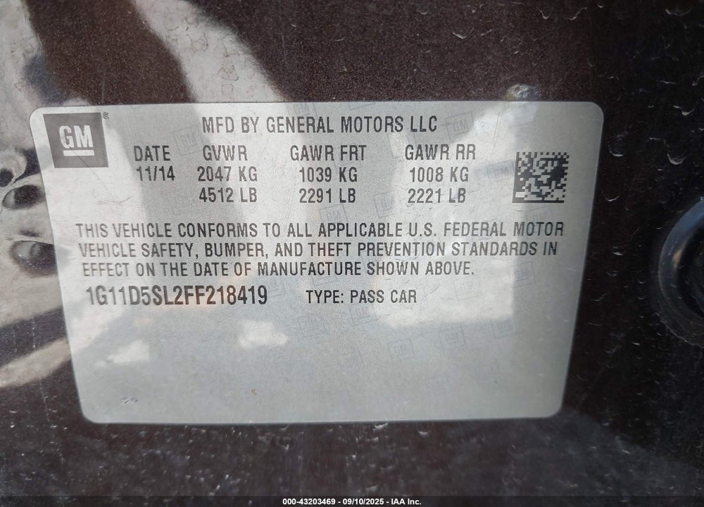 2015 CHEVROLET MALIBU VIN: 1G11D5SL2FF218419