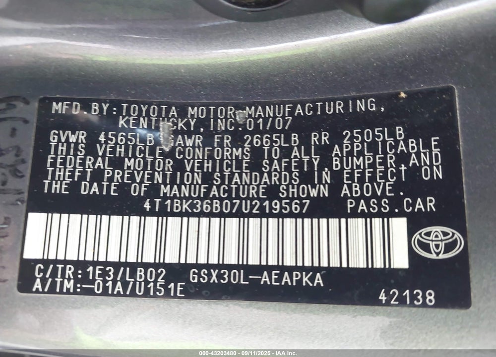 2007 TOYOTA AVALON LIMITED VIN: 4T1BK36B07U219567
