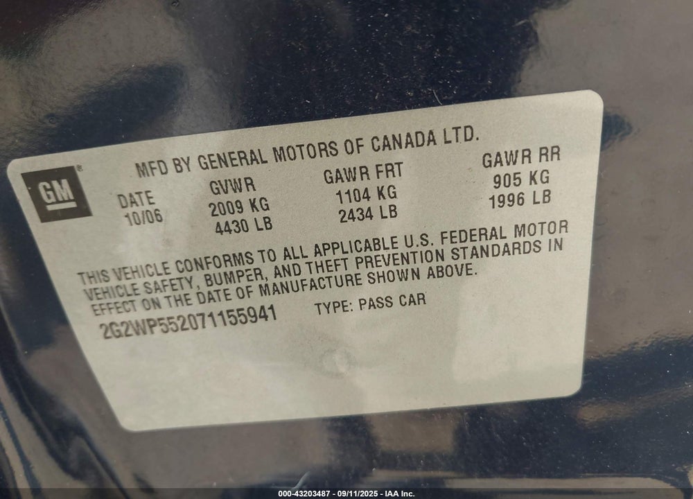 2007 PONTIAC GRAND PRIX VIN: 2G2WP552071155941