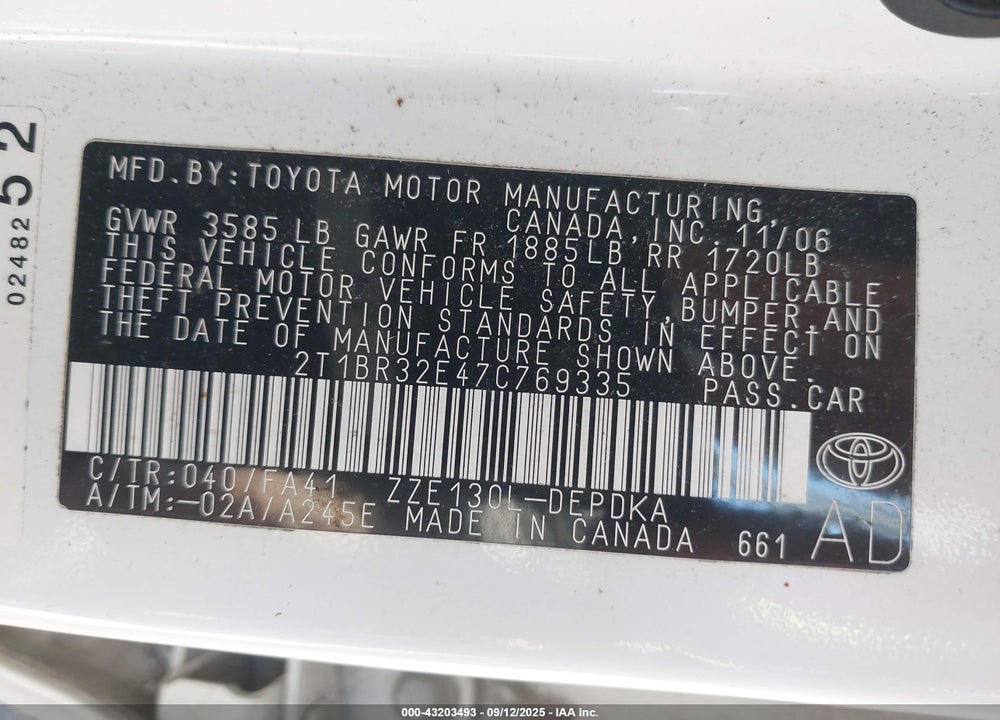 2007 TOYOTA COROLLA CE VIN: 2T1BR32E47C769335