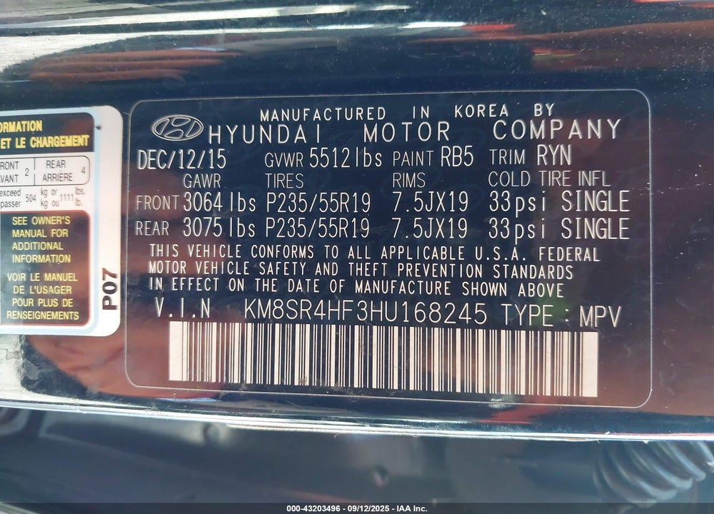 2017 HYUNDAI SANTA FE VIN: KM8SR4HF3HU168245