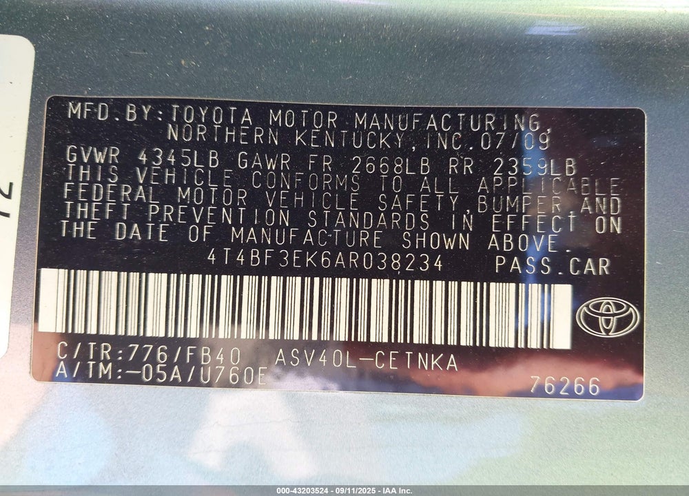 2010 TOYOTA CAMRY VIN: 4T4BF3EK6AR038234