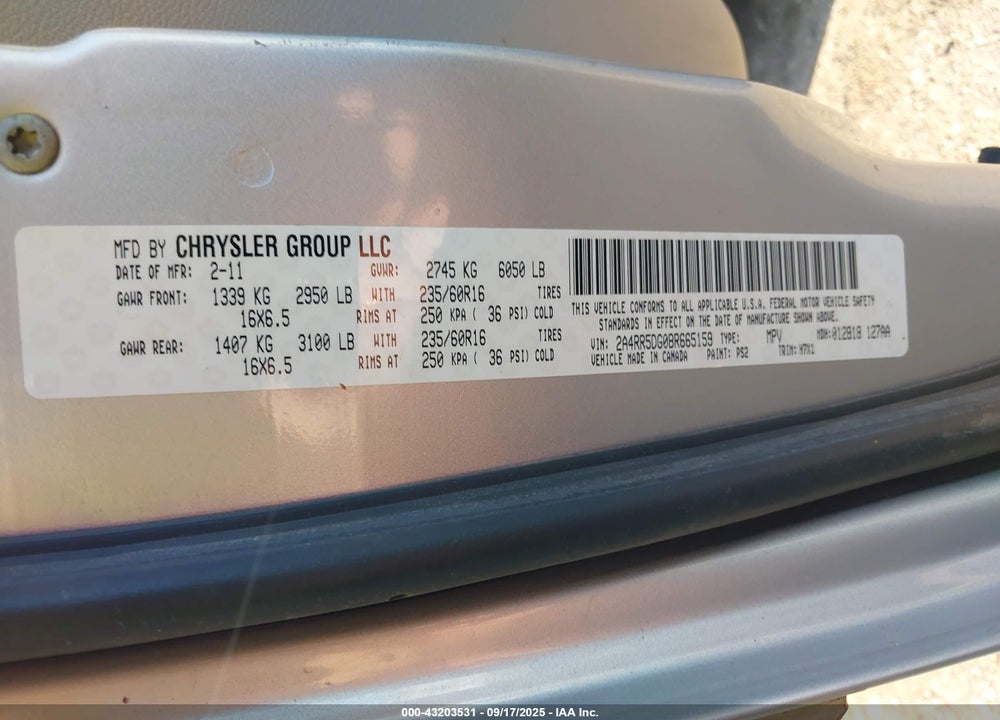 2011 CHRYSLER TOWN & COUNTRY TOURING VIN: 2A4RR5DG0BR665159