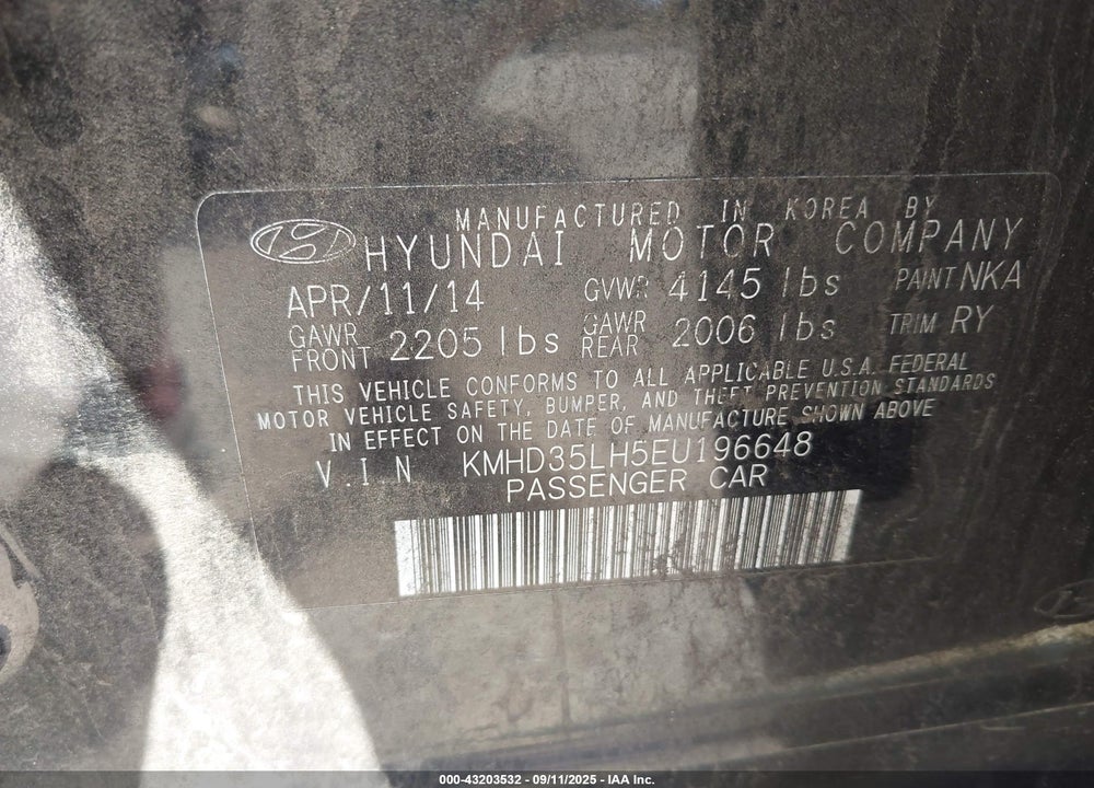 2014 HYUNDAI ELANTRA VIN: KMHD35LH5EU196648