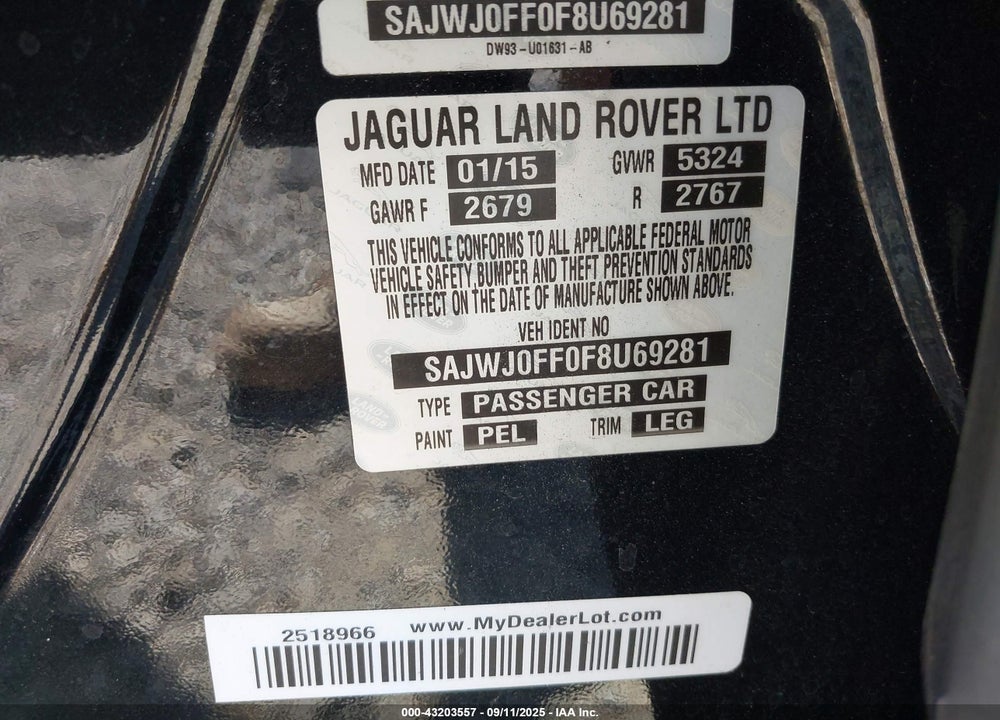 2015 JAGUAR XF 3.0 PORTFOLIO/3.0 SPORT VIN: SAJWJ0FF0F8U69281