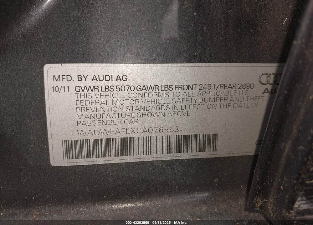 2012 AUDI A4 VIN: WAUWFAFLXCA076563