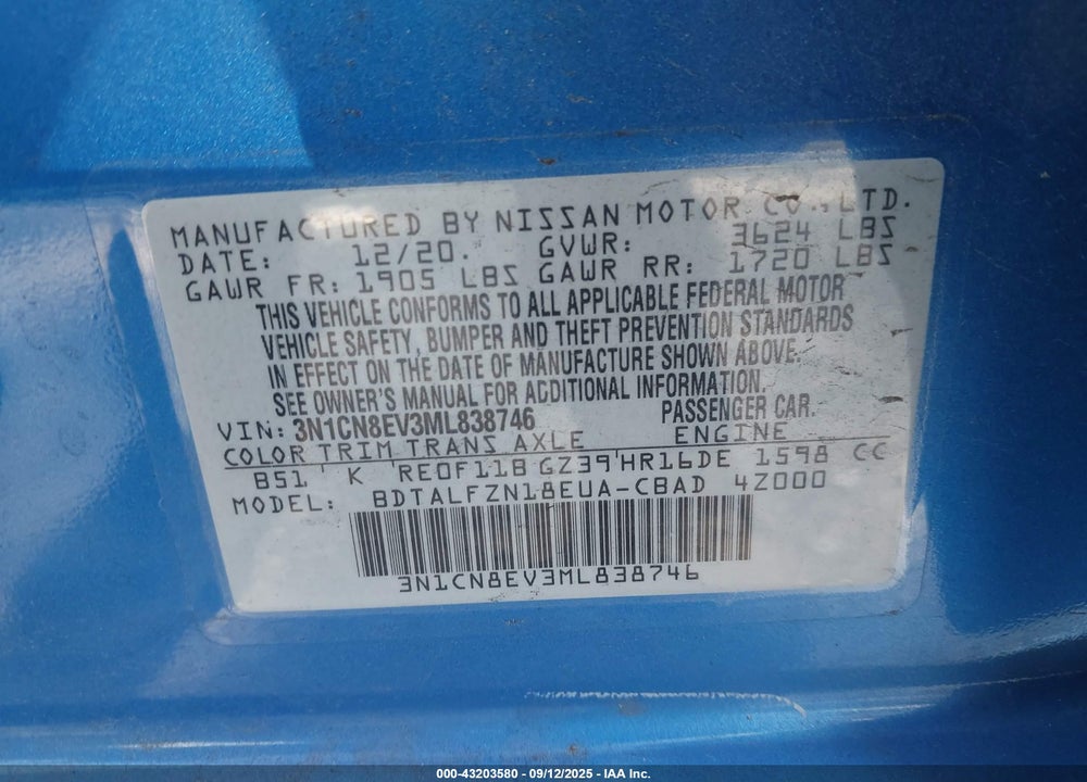 2021 NISSAN VERSA VIN: 3N1CN8EV3ML838746